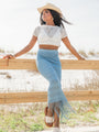 Clover Fields Blue Fringe Hem Knit Maxi Skirt