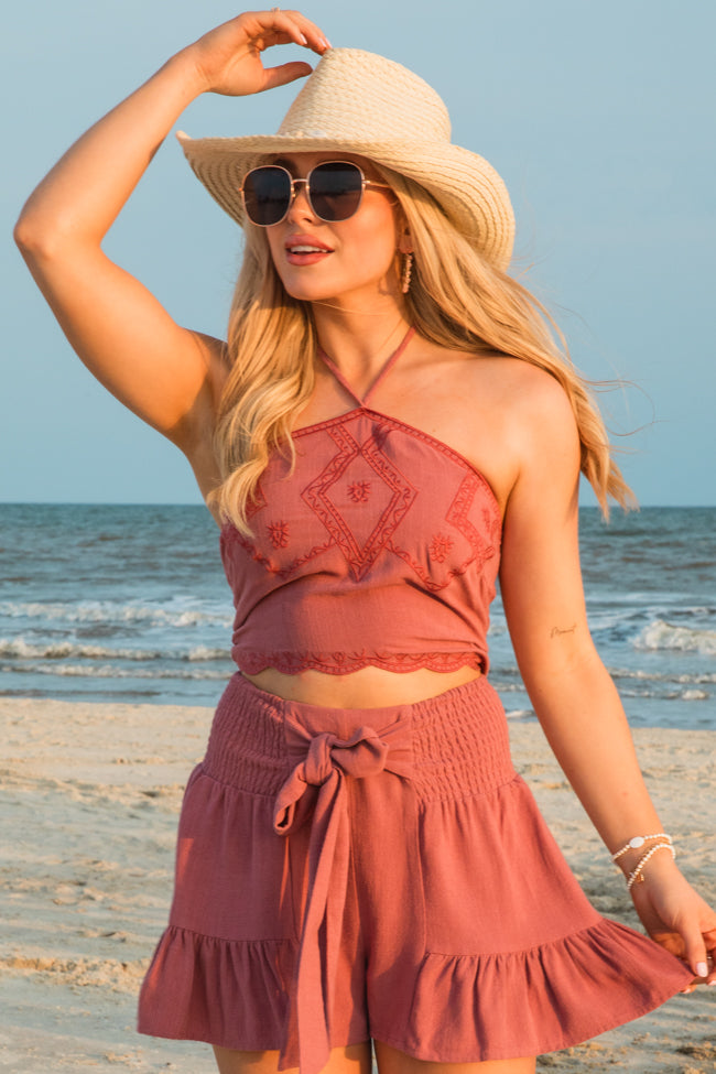 Prairie Dreams Dark Mauve Crochet Detail Halter Tank