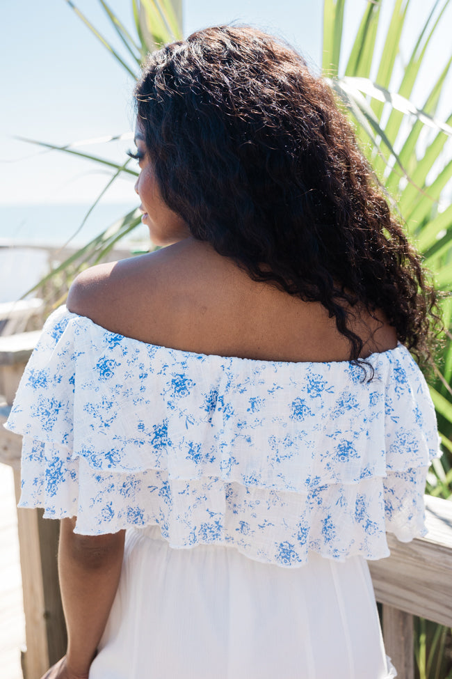 Swaying In A Breeze Blue And Ivory Floral Printed Linen Blouse