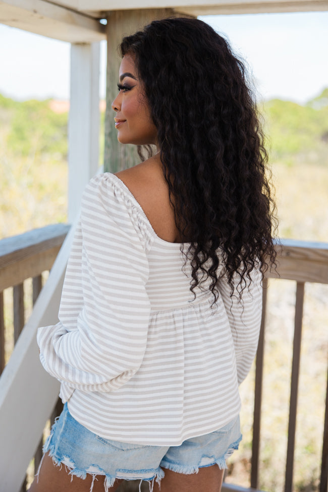 Sandy Paths Taupe Striped Knit Babydoll Top