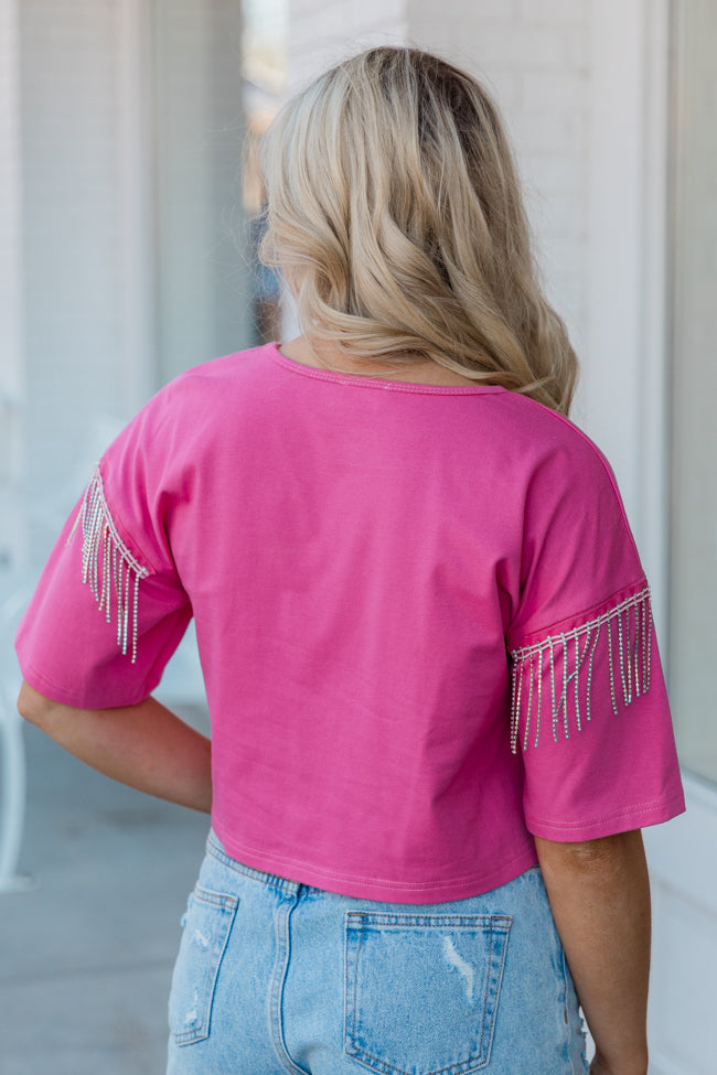 Hold On Loosely Pink Rhinestone Shoulder Detail T-Shirt