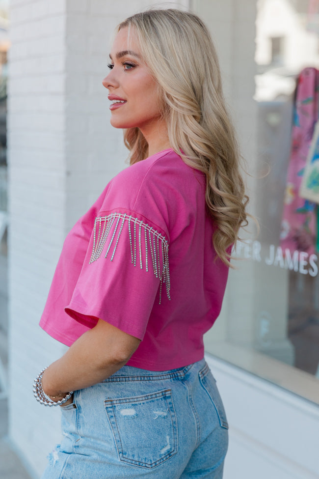 Hold On Loosely Pink Rhinestone Shoulder Detail T-Shirt