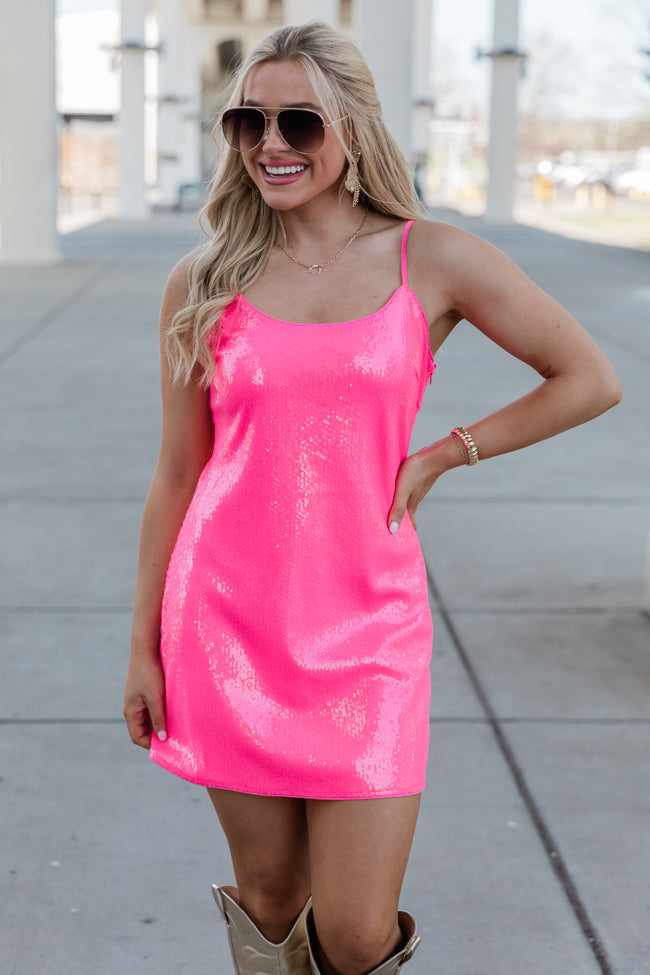 Listen To The Music Pink Sequin Spaghetti Strap Dress