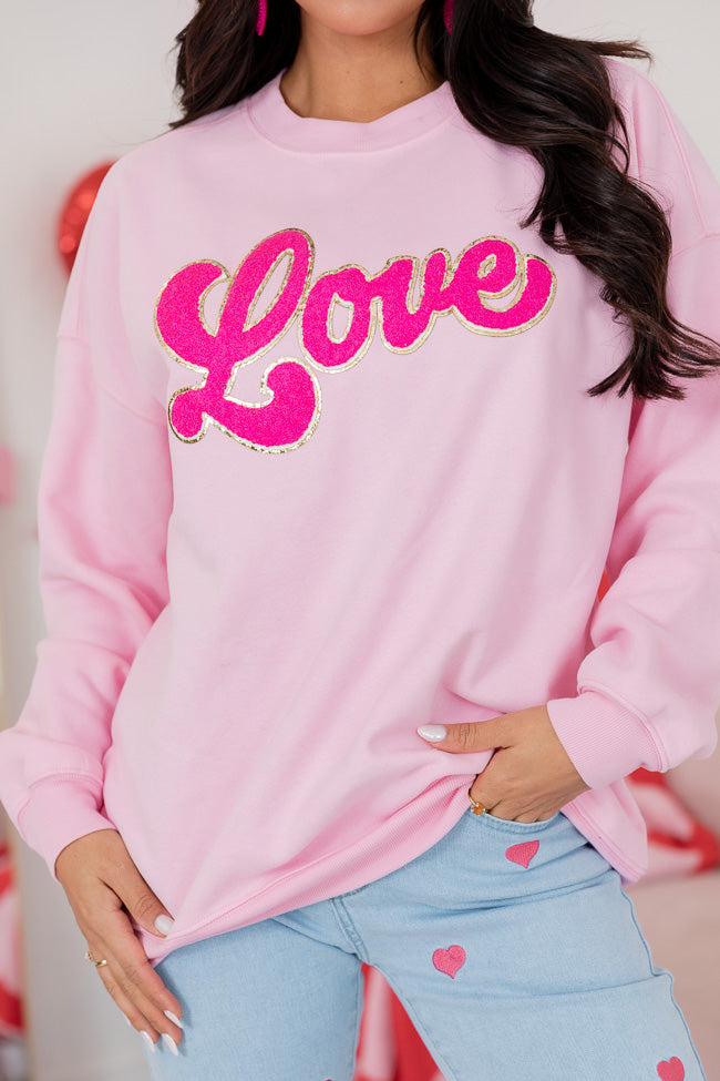 Love Script Chenille Patch Light Pink Oversized Graphic Sweatshirt