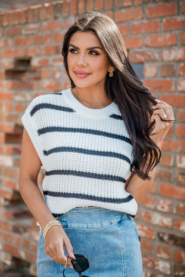 Business As Usual Ivory and Black Short Sleeve Striped Sweater