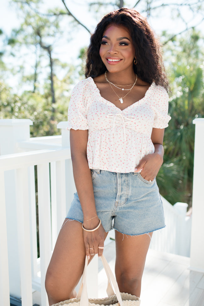 Big Feelings Ivory and Pink Floral Cinched Bust Knit Top