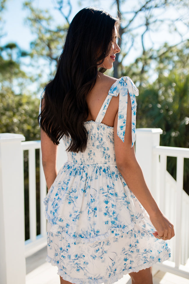 Best Days Ahead White And Blue Floral Smocked Top Dress