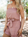 Just Visiting Mauve Strapless Flutter Hem Romper