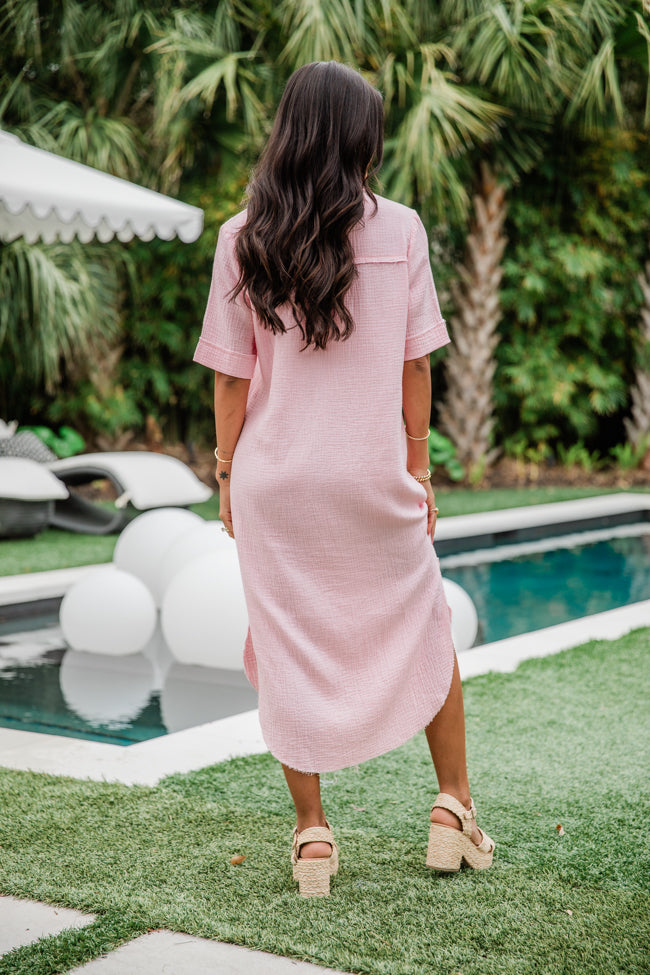 Time Heals Pink Gauze Button Up Midi Dress