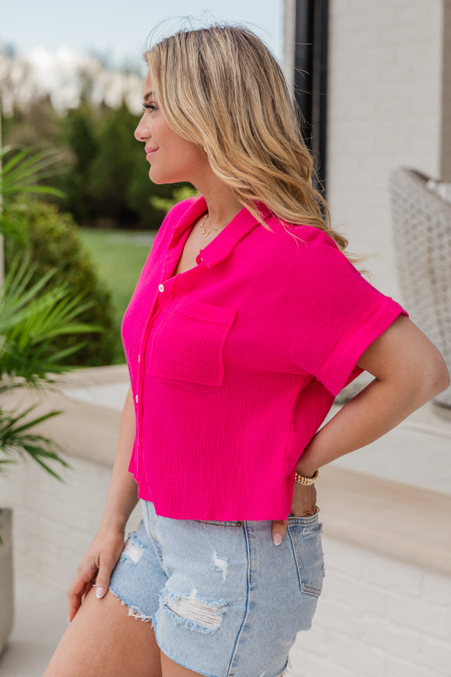 I'll Be Around Pink Cropped Gauze Button Front Top