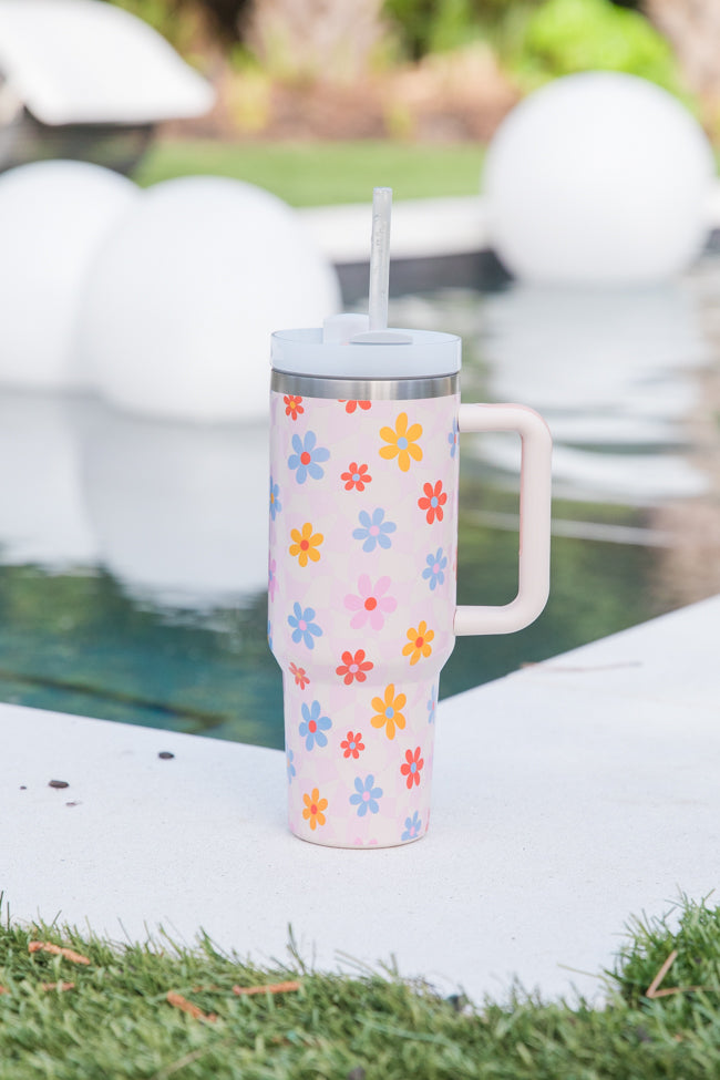 Sippin' Pretty Summer Checkered Daisy 40 oz Drink Tumbler With Lid And Straw