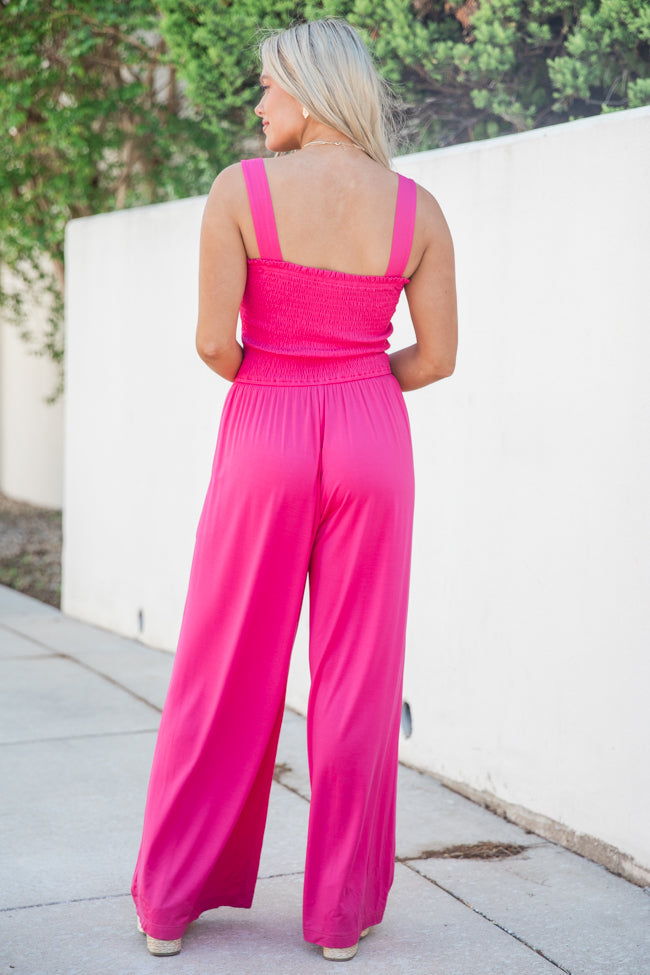 Walking In Paradise Hot Pink Smocked Top Woven Jumpsuit