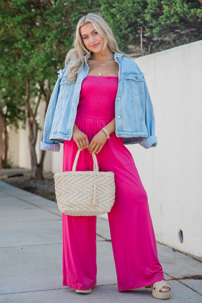 Walking In Paradise Hot Pink Smocked Top Woven Jumpsuit