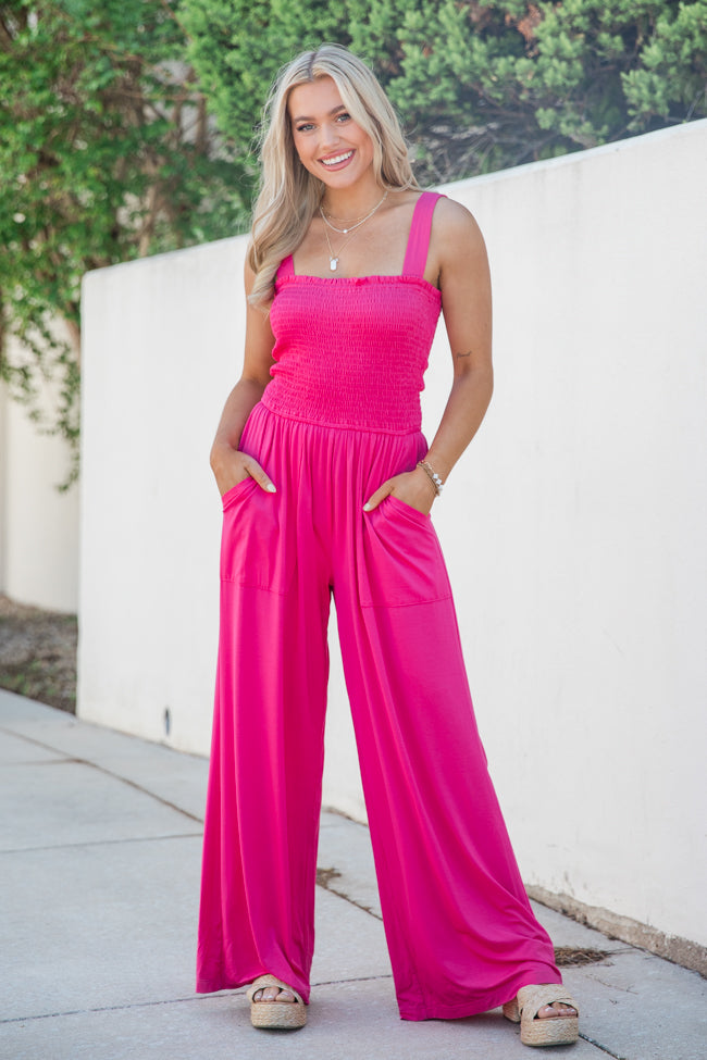 Walking In Paradise Hot Pink Smocked Top Woven Jumpsuit