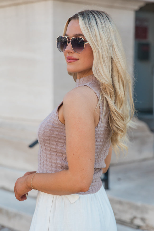 On A Good Note Tan Textured Mock Neck Tank