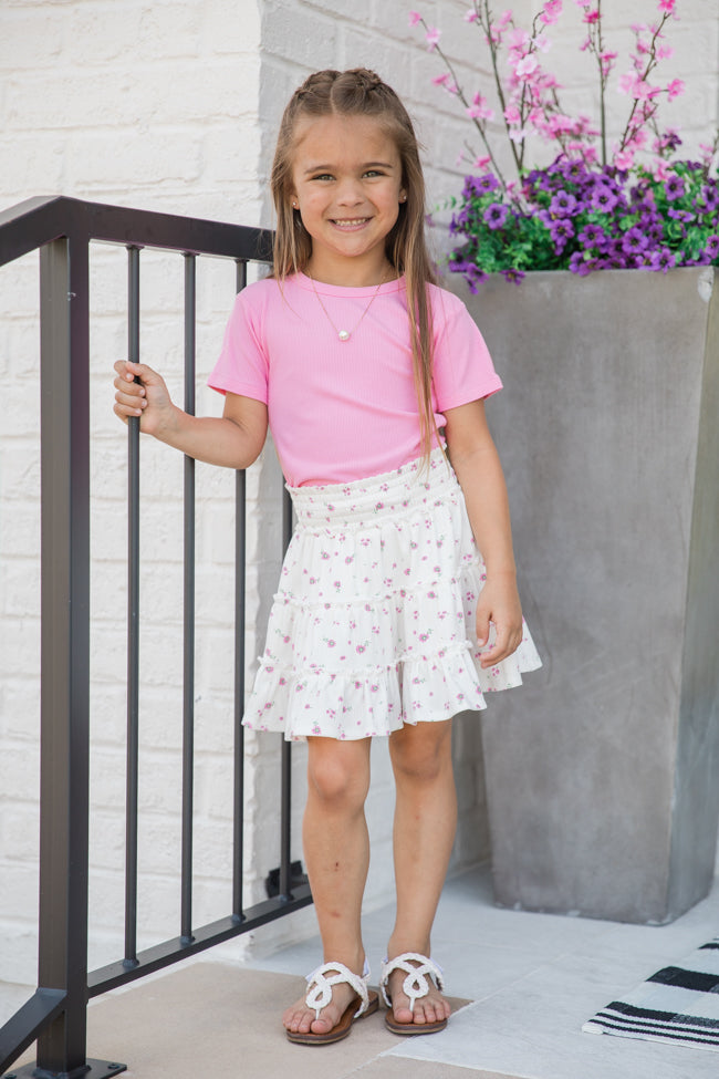 Kid's Through The Garden Ivory and Pink Ribbed Floral Mini Skort