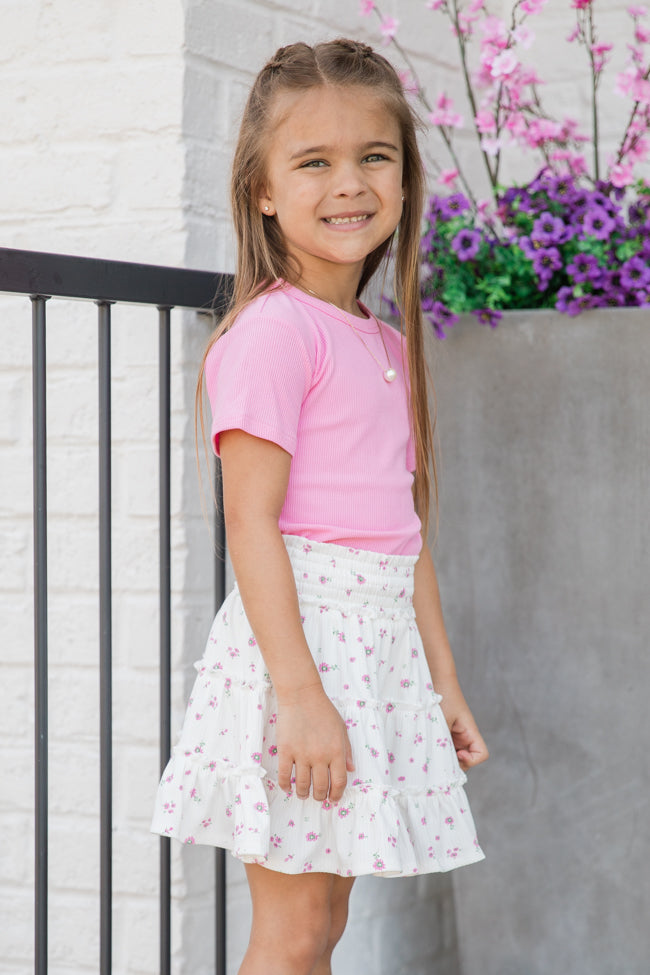 Kid's Through The Garden Ivory and Pink Ribbed Floral Mini Skort