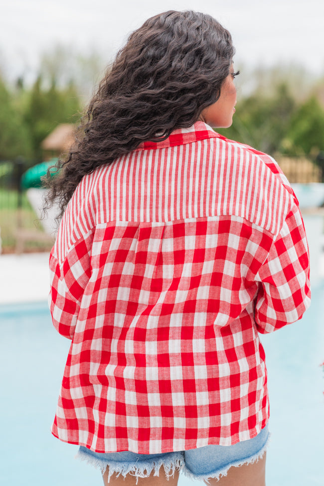 Easy Choice Red Gauze Plaid Button Up