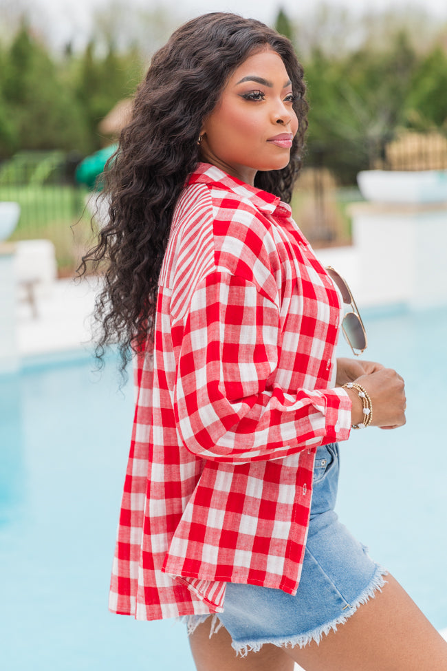 Easy Choice Red Gauze Plaid Button Up