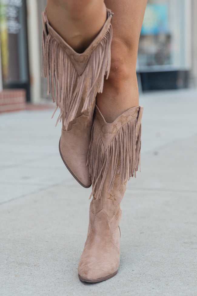 Fancy Suede Warm Taupe Fringe and Stars Boots