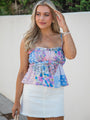 Feeling It Blue And Pink Ruffle Trim Patchwork Tank
