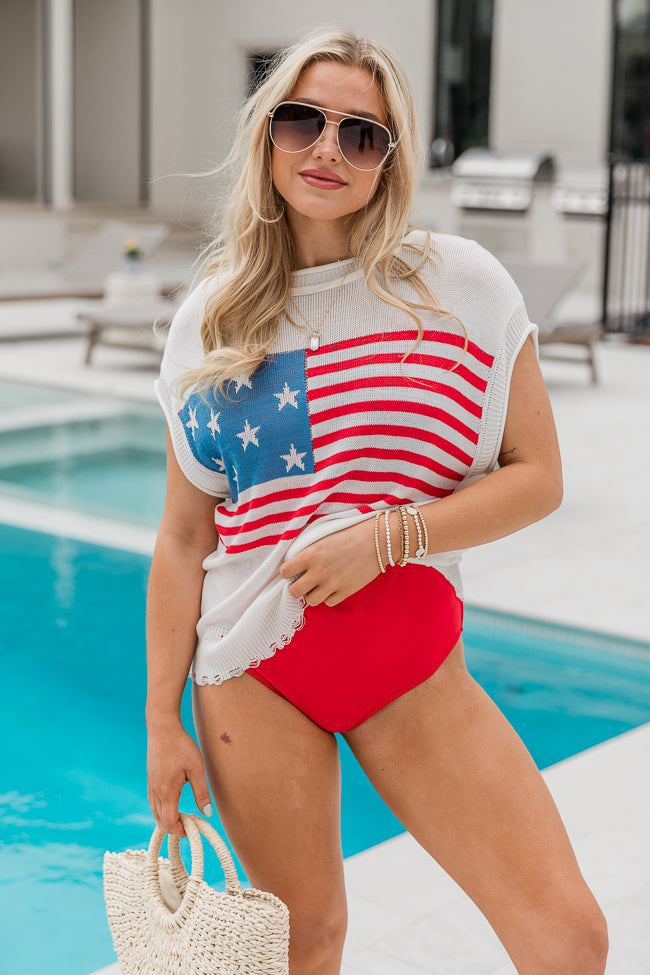Oh My Stars And Stripes Cream Short Sleeve Flag Sweater With Distressed Hem
