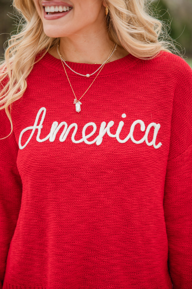 Off To The Fireworks Red America Script Striped Sweater