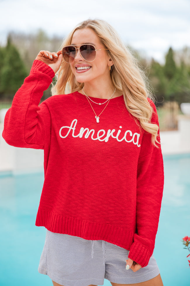 Off To The Fireworks Red America Script Striped Sweater