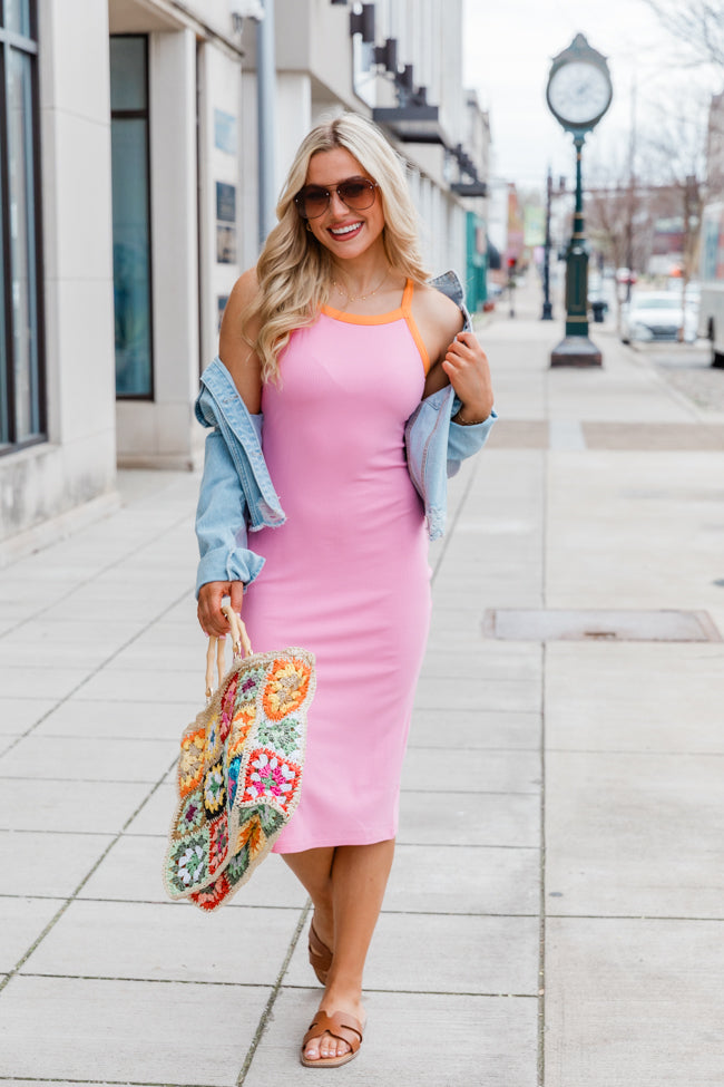 Every Now And Then Pink Ribbed Midi Dress