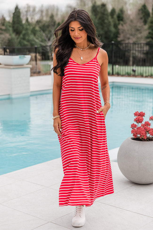 Summertime's Close Red Striped Knit Maxi Dress