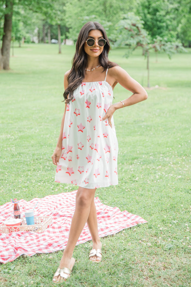 Patriotic Princess Pink and White Star Printed Woven Dress