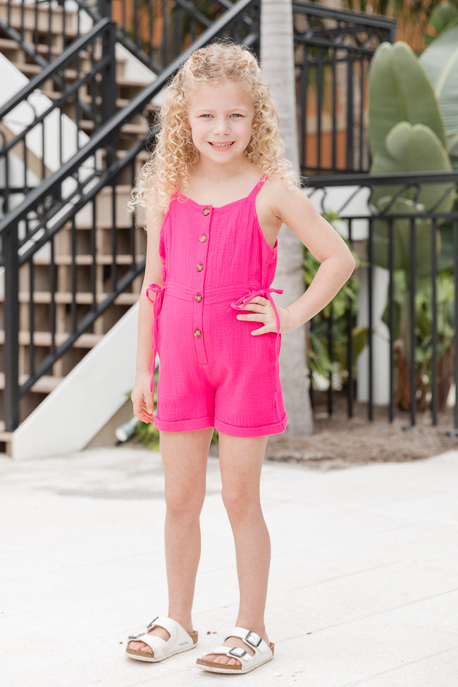 Kid's Walk The Shore Pink Button Front Collared Romper