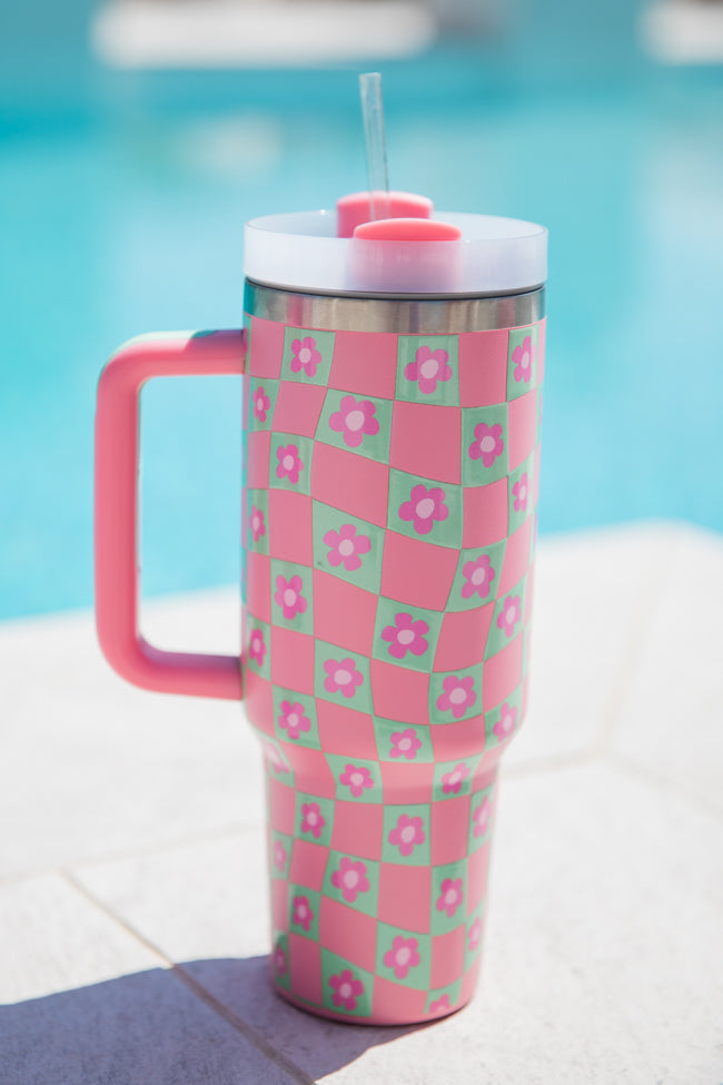 Sippin' Pretty Warped Checker Daisy 40 oz Drink Tumbler With Lid And Straw