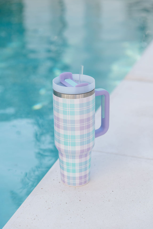 Sippin' Pretty In Tori Plaid 40 oz Drink Tumbler With Lid And Straw Tori X Pink Lily SALE