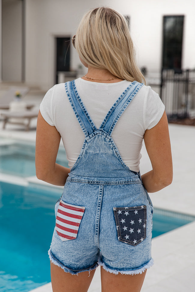 From The Heartland Light Wash Flag Detail Denim Overalls