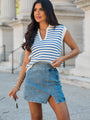 Look Up To You Blue Collared Striped Short Sleeve Sweater