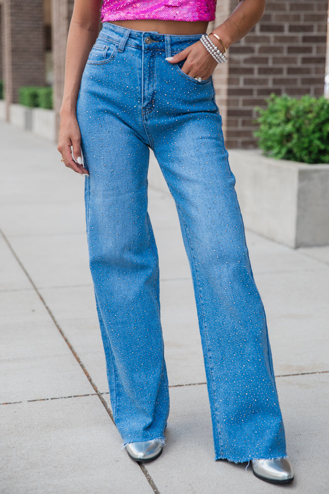 Campbell Medium Wash Rhinestone Detail Wide Leg Jeans