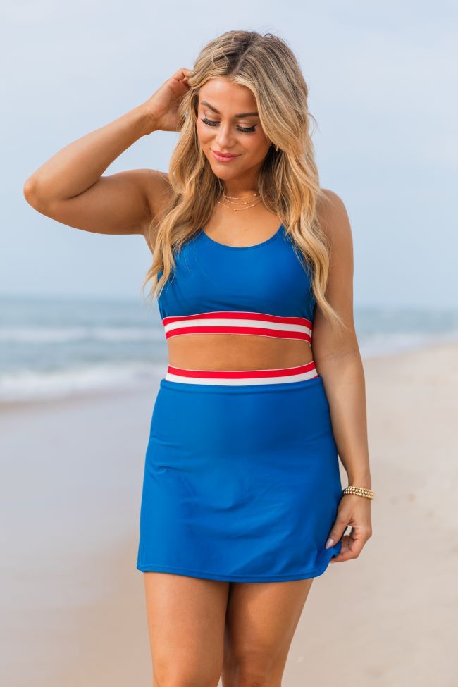 Out On The Water Blue Solid Swim Skort With Striped Trim
