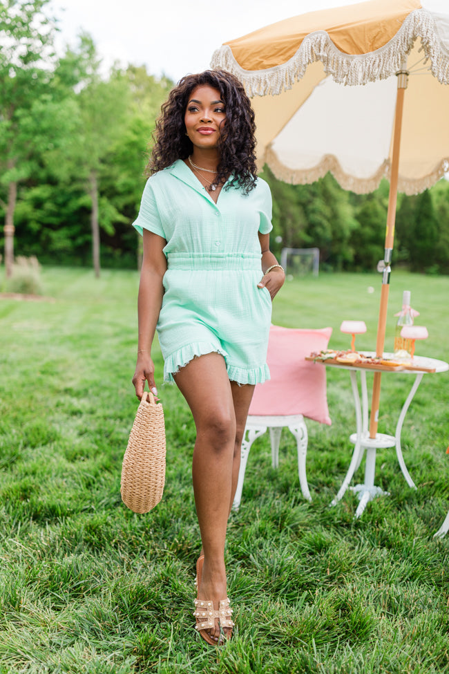 Stop And Stare Mint Flutter Hem Collared Romper