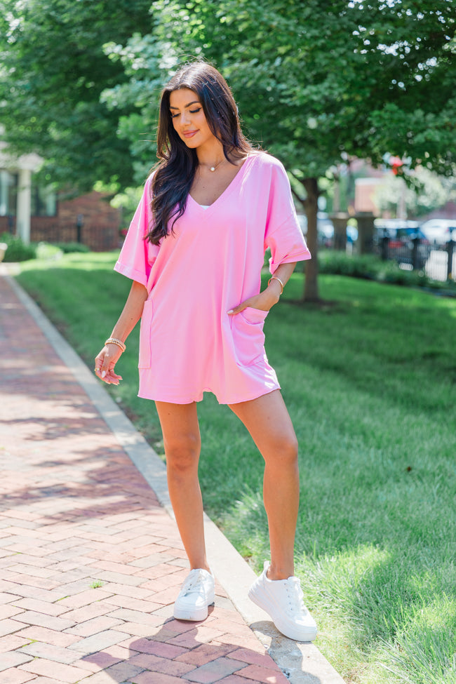 On A Daily Basis Pink Deep V-Neck Pocketed Romper
