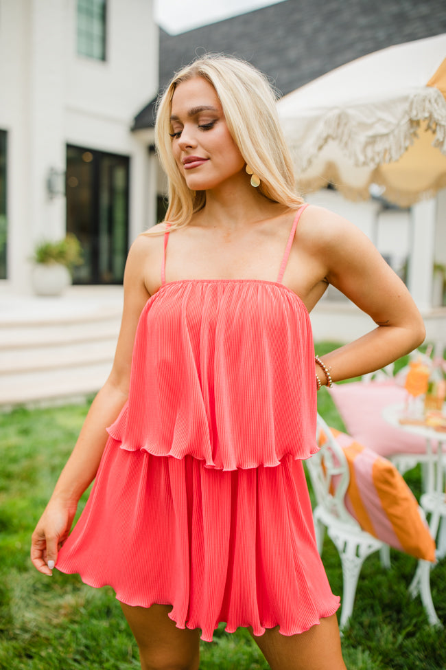 In the Afterglow Hot Coral Pleated Romper