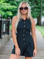 Somewhere Sunny Black Collared Button Up Romper