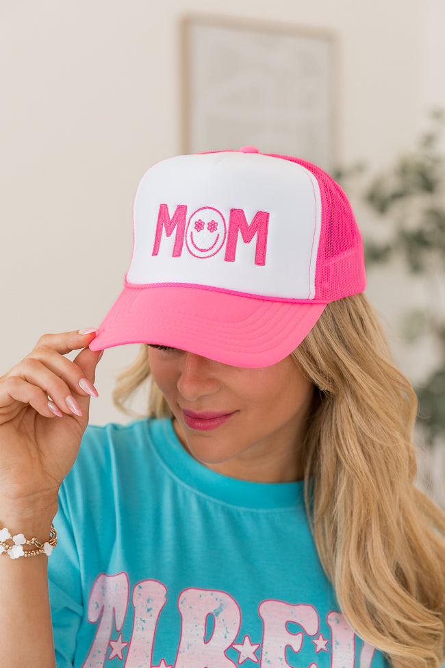 Mom Smiley White Hot Pink Trucker Hat