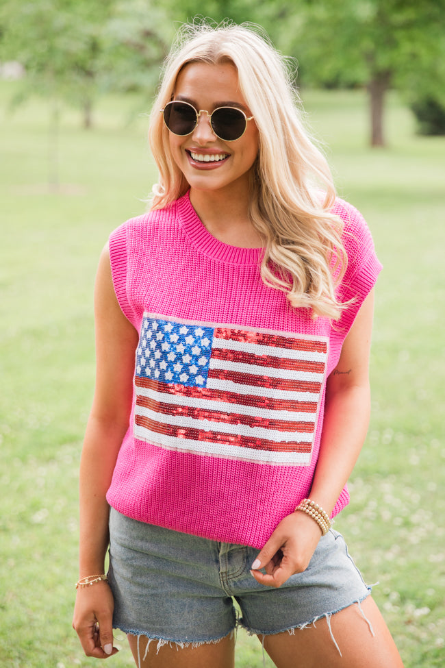 American Dream Pink Sequin Flag Patch Sweater Tank FINAL SALE