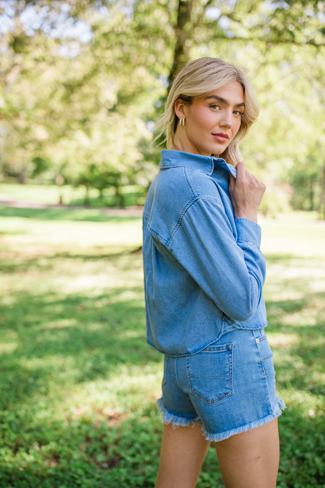 A Girl Like Me Medium Wash Cropped Chambray Blouse