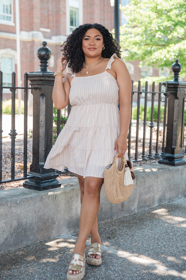 Game Changer Taupe Striped Ruffle Strap Dress FINAL SALE