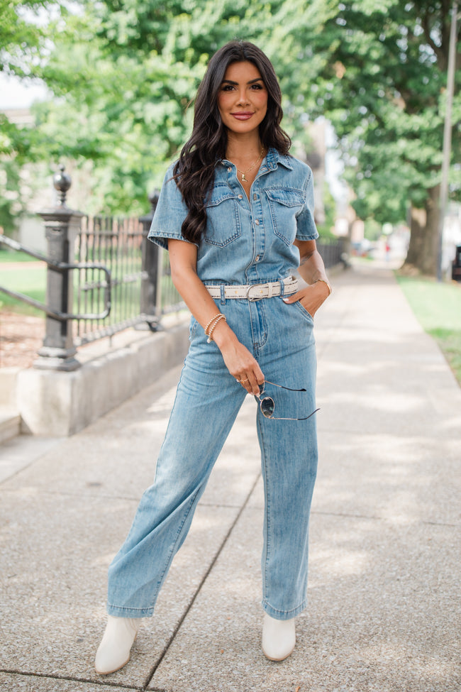 Chances Are Medium Wash Button Up Denim Jumpsuit FINAL SALE