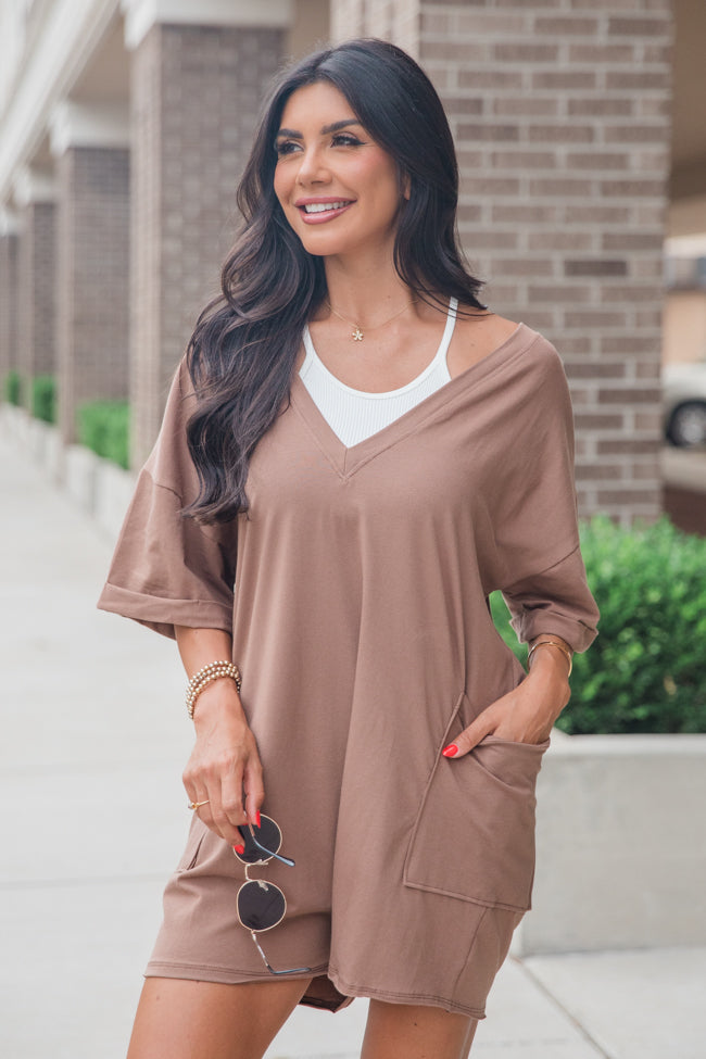 On A Daily Basis Brown Deep V-Neck Pocketed Romper