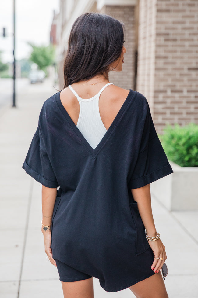 On A Daily Basis Black Deep V-Neck Pocketed Romper