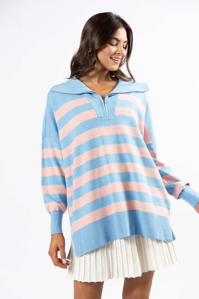 Pulling Heartstrings Blue and Coral Striped Quarter Zip Pullover